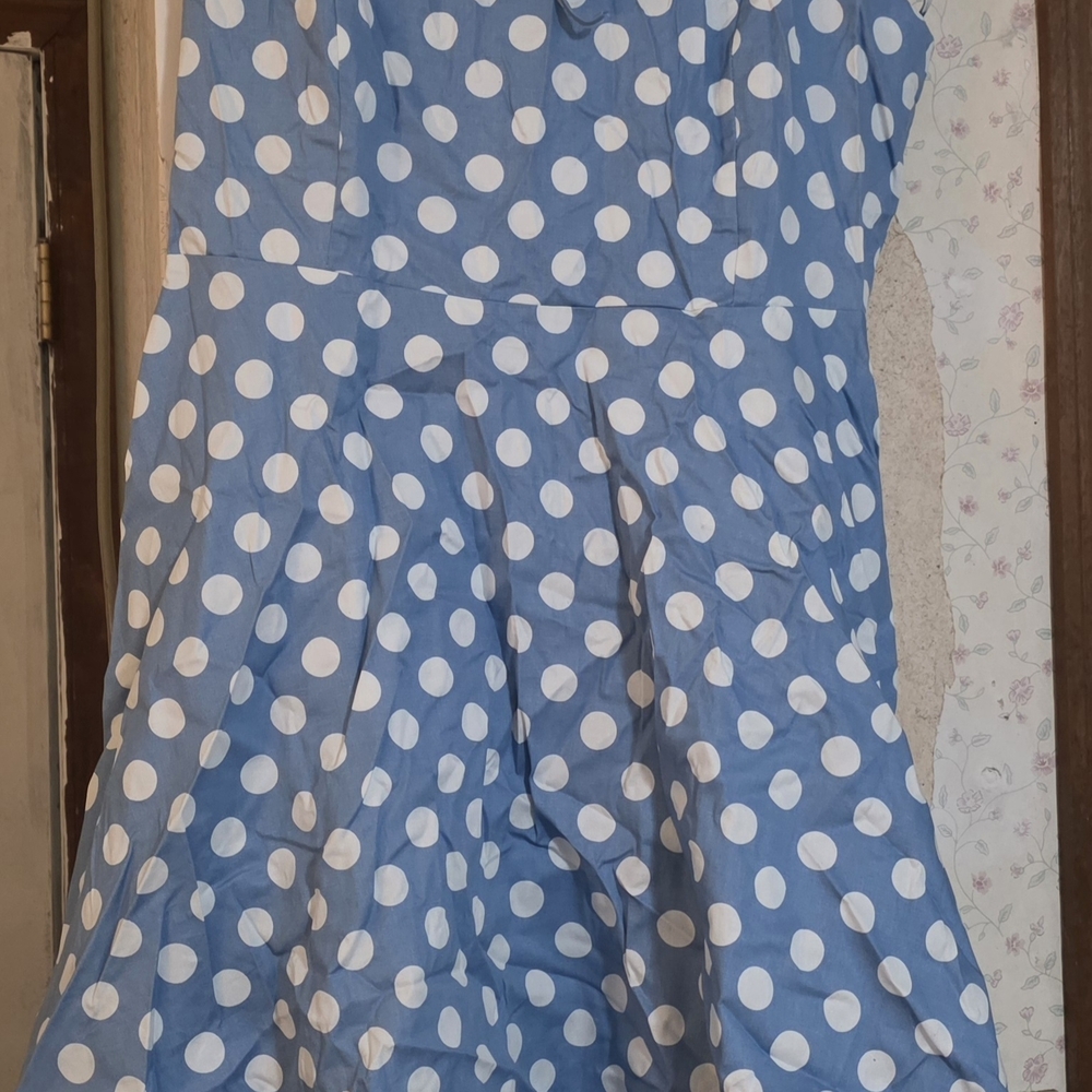 Stylish Blue Dress with White Polka Dots